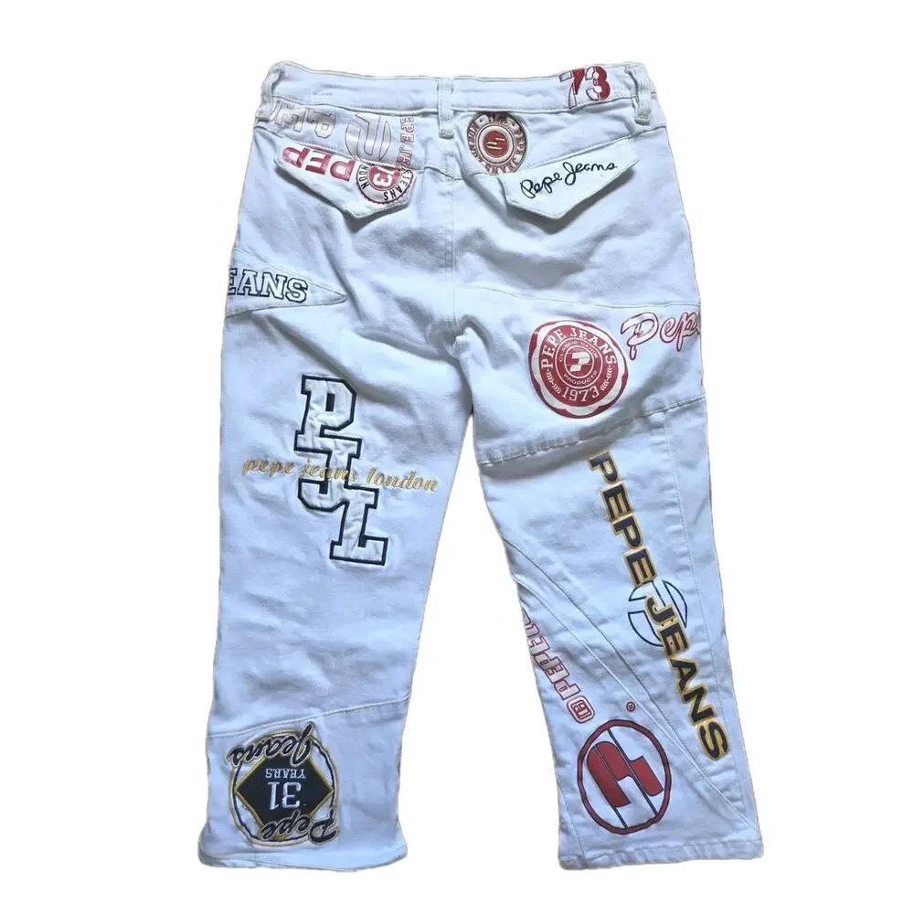 Y2K Pepe Jeans London Capri Pants Patchwork Logo Spellout Embroidered White 29 - Picture 2 of 9
